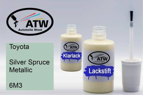 Toyota, Silver Spruce Metallic, 6M3: 20ml Lackstift + 20ml Klarlack - Set, von ATW Autoteile West.